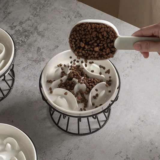 Elevated Ceramic Slow-Feeder Bowl with Stand