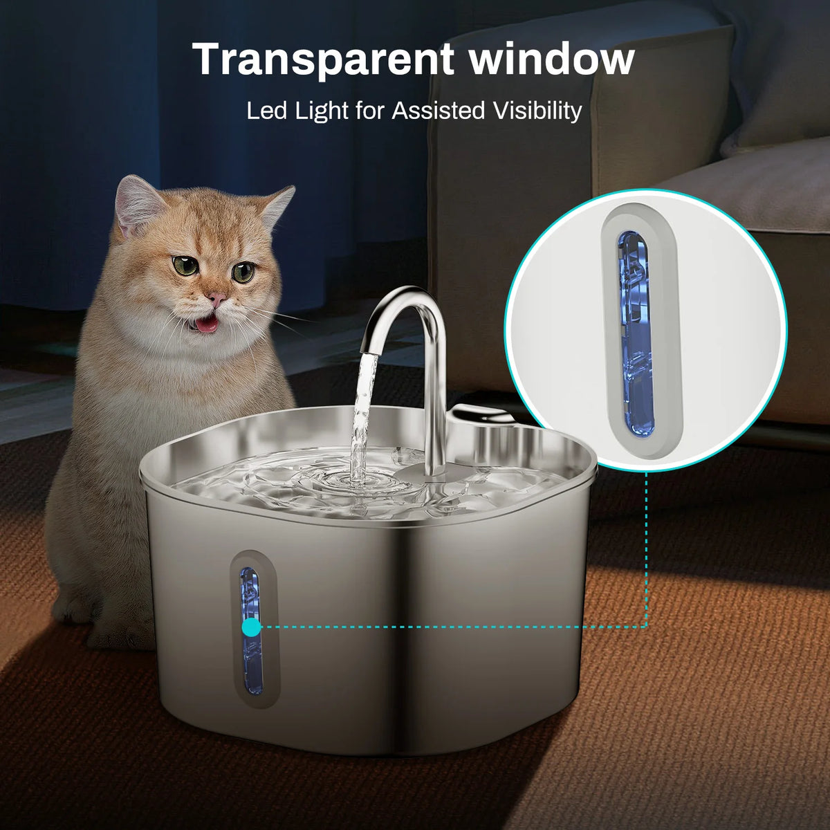 Stainless Steel Water Fountain, 2.2L with Water-Level Window