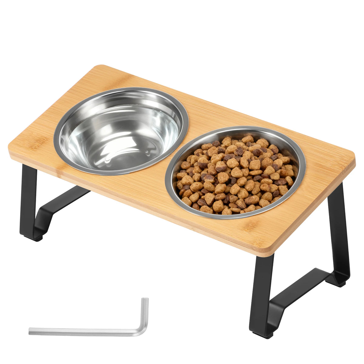 Wooden Elevated Feeding Station with Dual Stainless Steel Bowls
