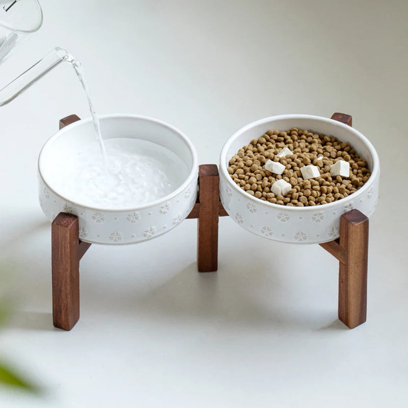 Ceramic & Wood Elevated Bowl Set — For Medium & Large Dogs