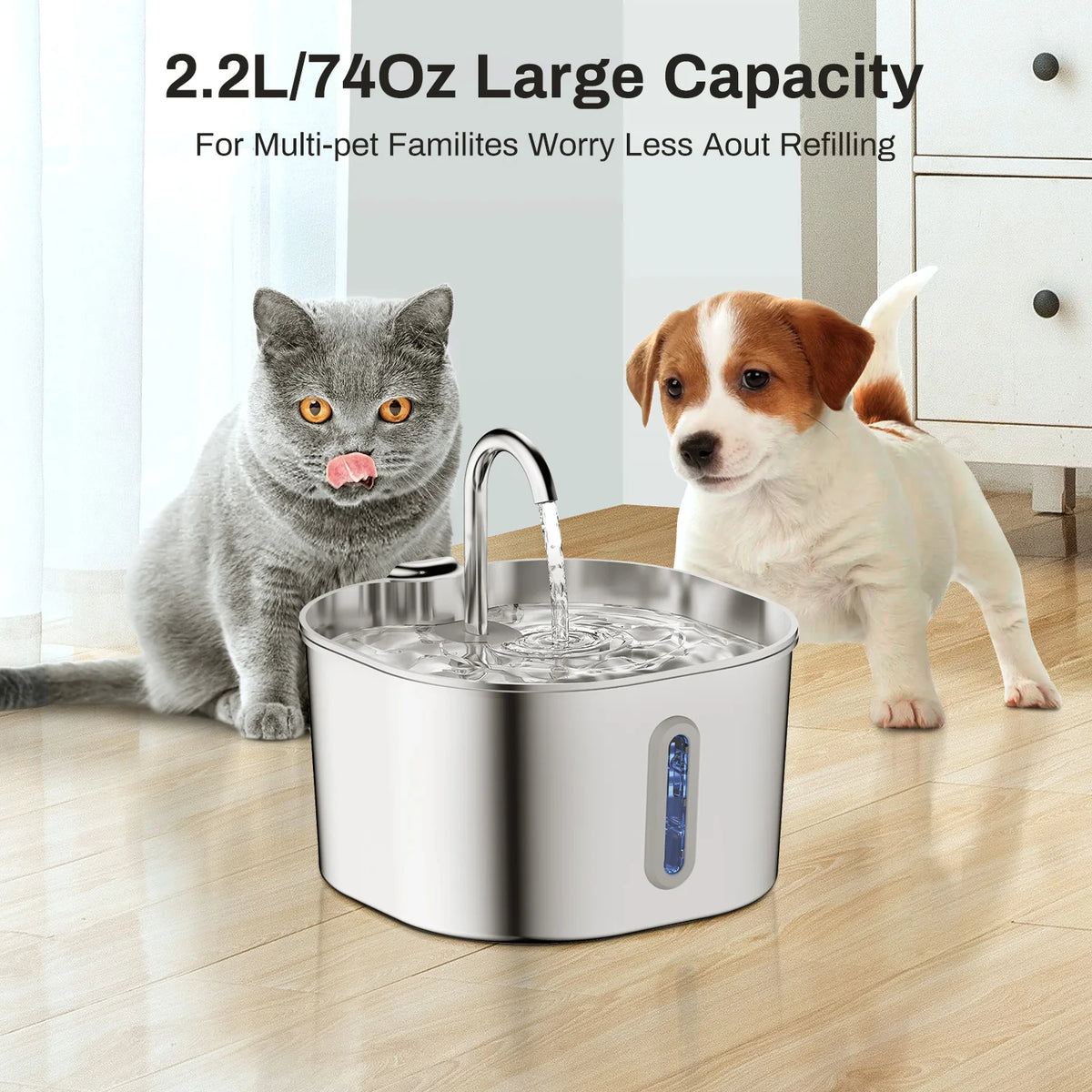 Stainless Steel Water Fountain, 2.2L with Water-Level Window