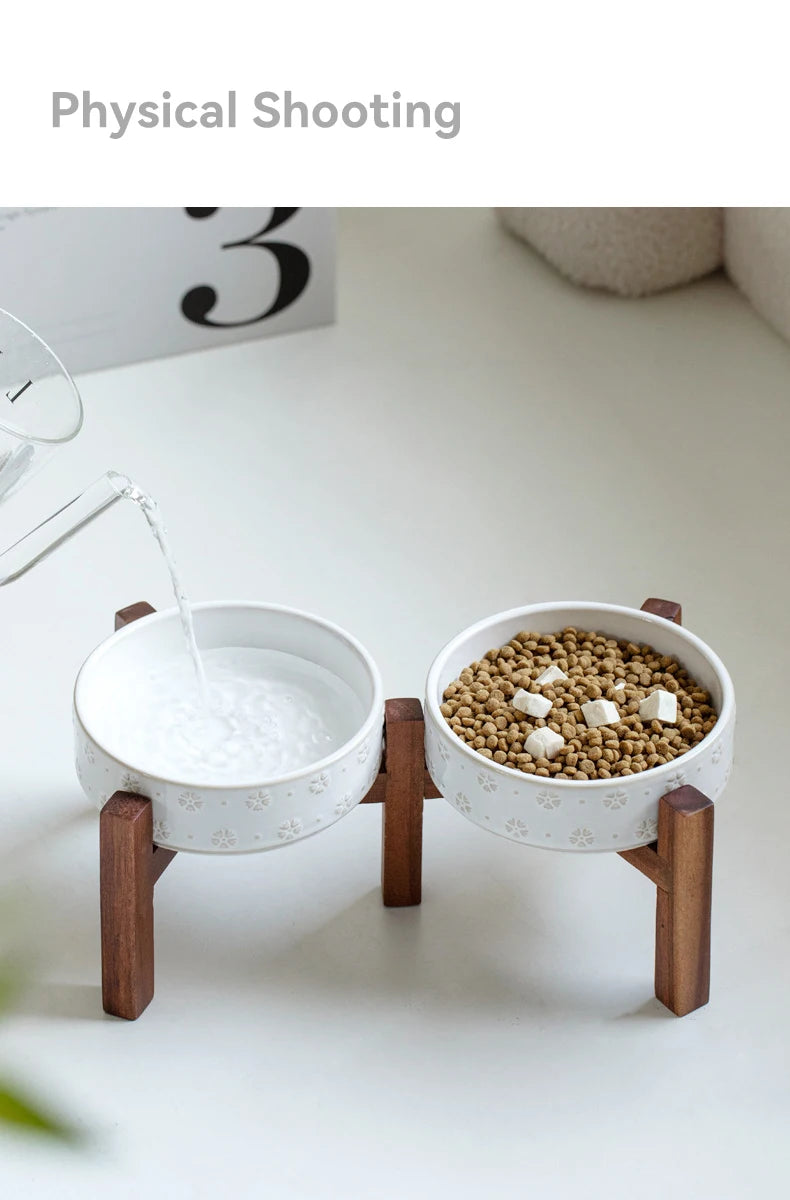 Ceramic & Wood Elevated Bowl Set — For Medium & Large Dogs
