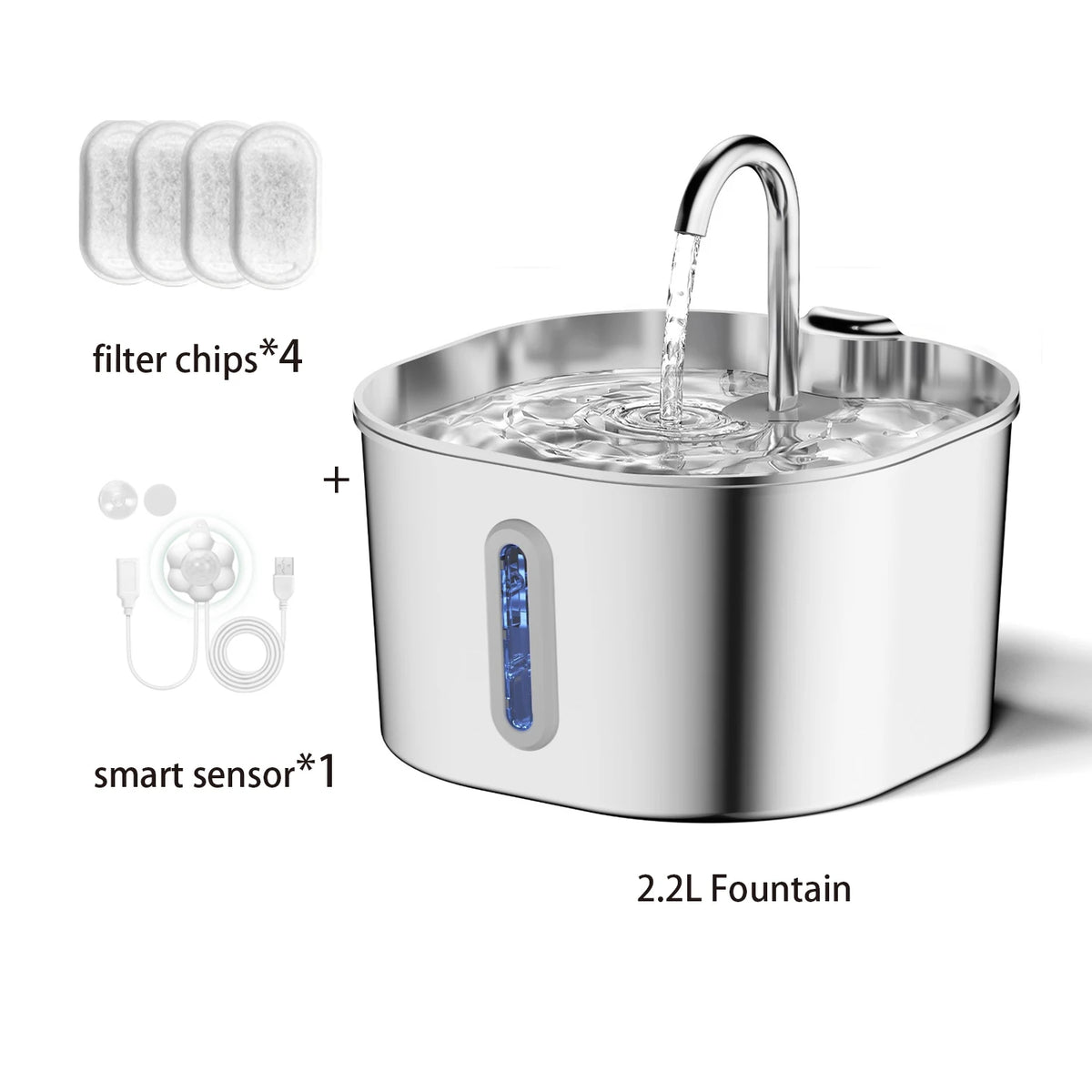 Stainless Steel Water Fountain, 2.2L with Water-Level Window