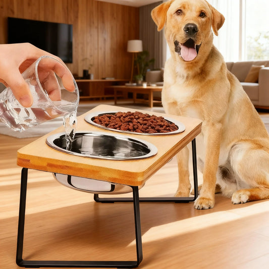 15° Tilted Elevated Bowl Stand — Wooden Neck-Relief Feeder