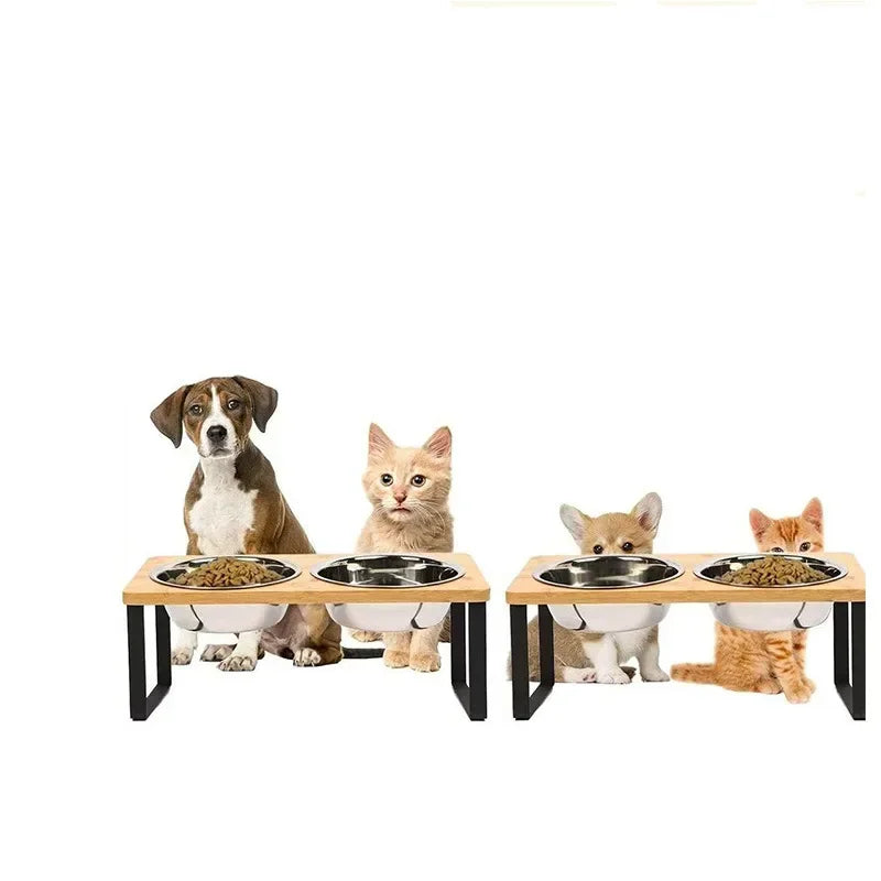 15° Tilted Elevated Bowl Stand — Wooden Neck-Relief Feeder