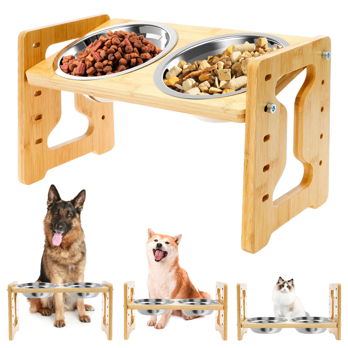 Wooden Elevated Feeding Station with Dual Stainless Steel Bowls